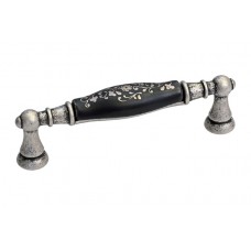 Ручка-скоба 96мм, отделка серебро старое + керамика черная